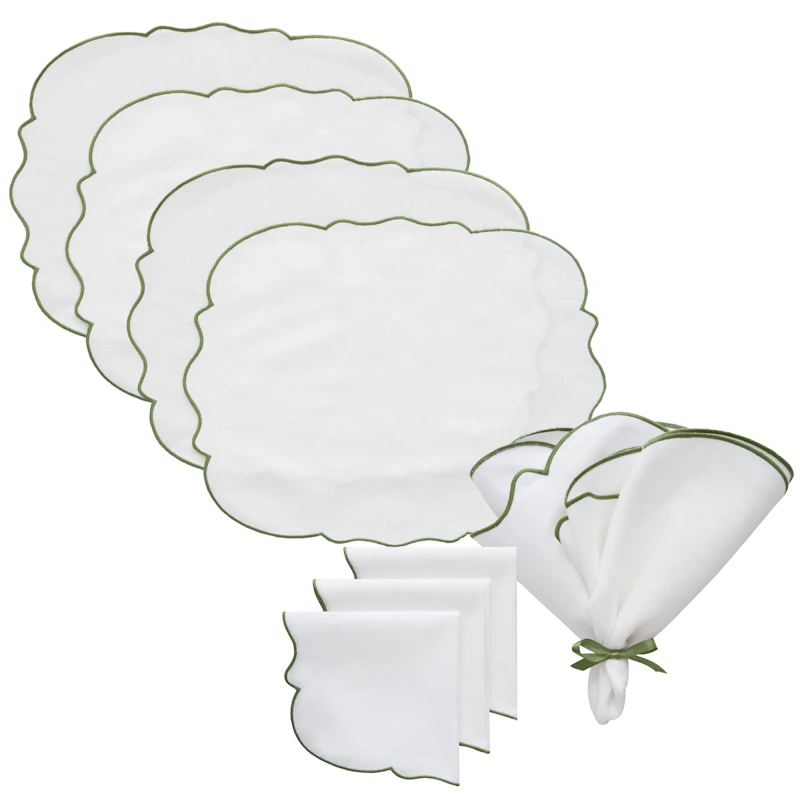 Gia Tekstilsett 4 Spisebrikker + 4 Servietter, Hvit / Grønn