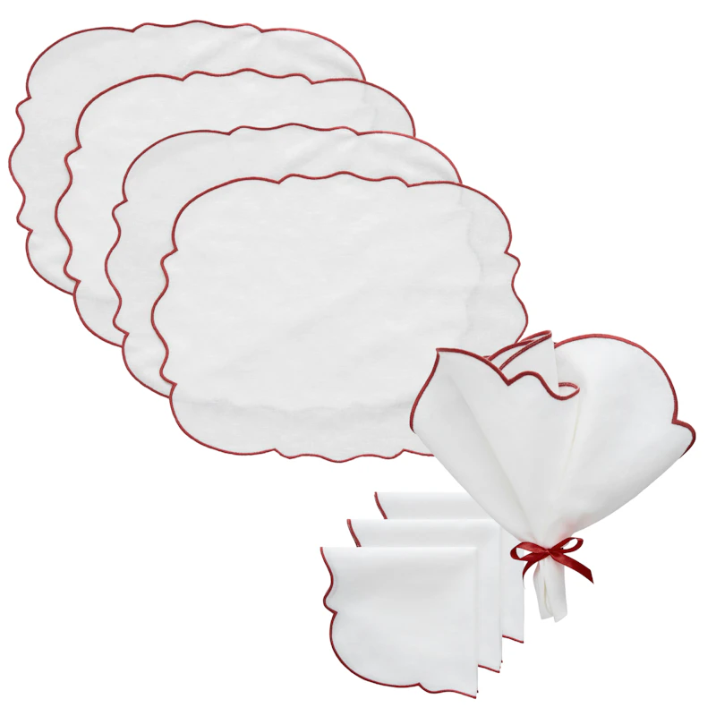 Gia Tekstilsett 4 Spisebrikker + 4 Servietter, Hvit / Vinrød