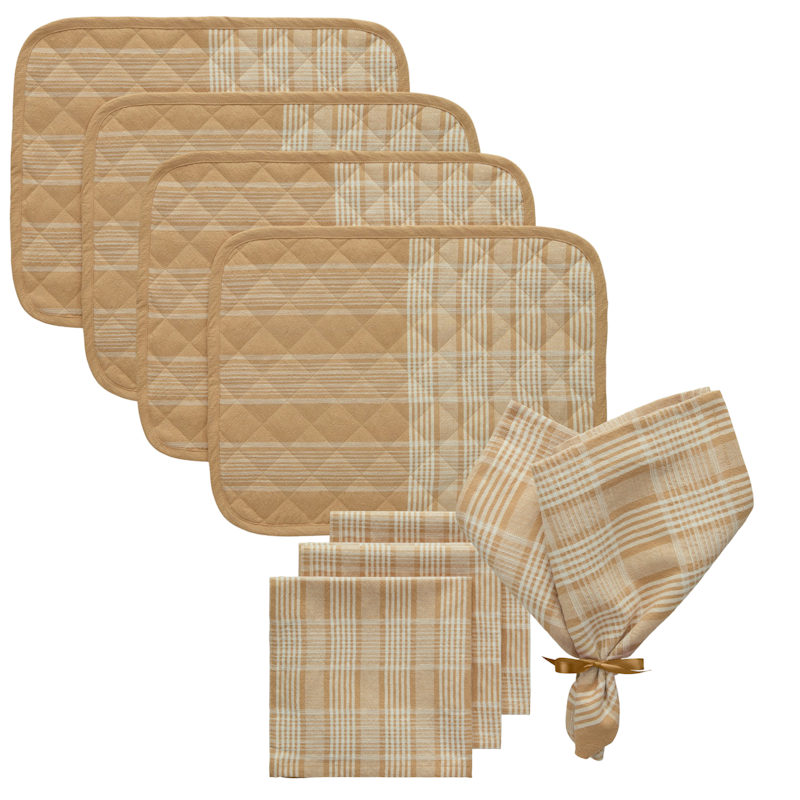 Rita Tekstilsett 4 Spisebrikker + 4 Servietter, Hvit / Beige