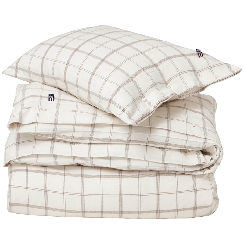 Checked Cotton Flannel Sengesett 150x210/50x60 cm, Hvit/Brun