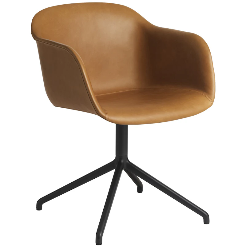 Fiber Lenestol Med Dreiesokkel Refine Skinn, Sort / Cognac