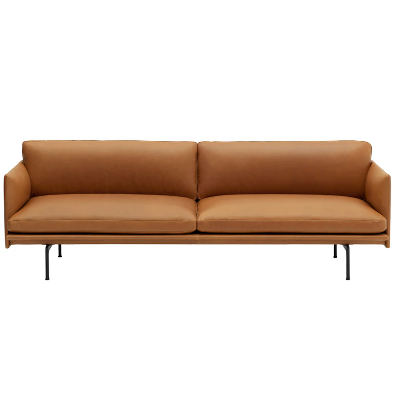 Outline Sofa 3-seters, Sort Aluminium / Refine Leather Cognac
